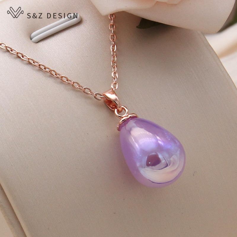 Fashion Colorful Water Drop Beads Pendant Necklace For Women Wedding Rose Gold Color Collarbone Chain Jewelry