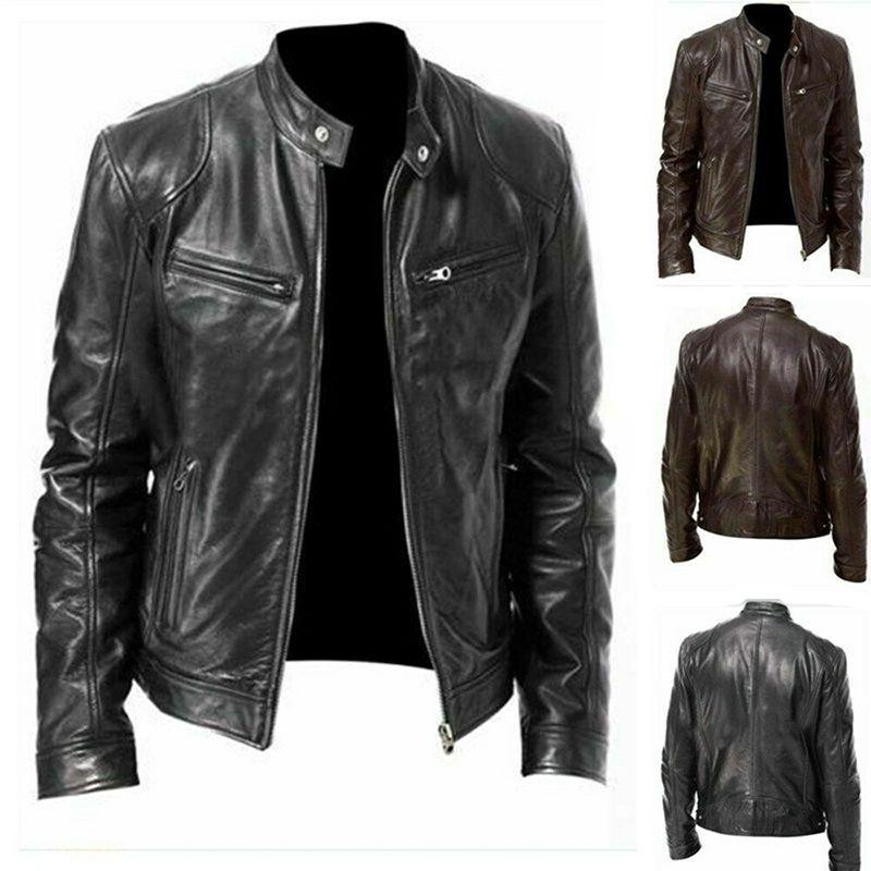 Classic Men's Faux Leather Jacket With Stand Collar For A Sleek Motorcycle Biker Look