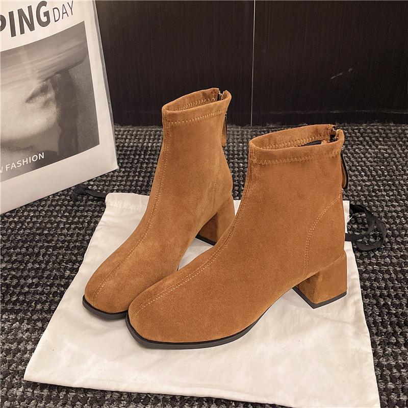 High-heeled brown Martin boots for women's 2025 spring and autumn new super-fire elastic thin boots French thick-heeled small short boots