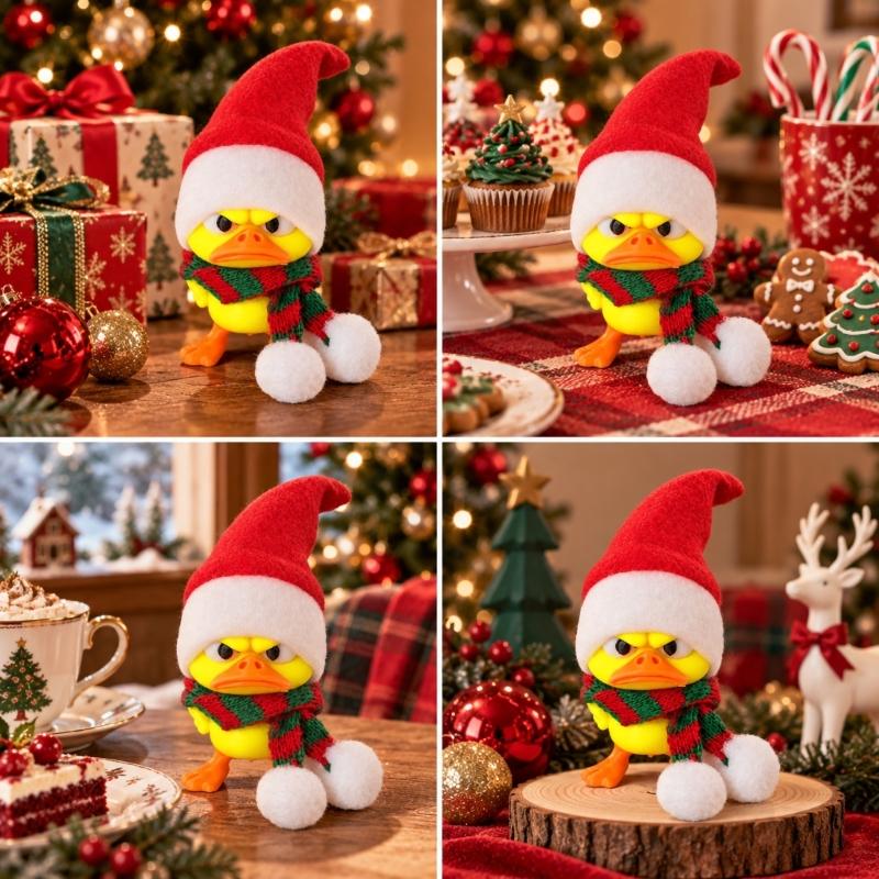3D-Printed Christmas Duck Figurines, Funny Angry Yellow Duck Deccorations with Red, White, and Green Trim for Desks, Shelves, Entryways, and Cabinets