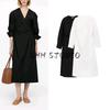 Summer New Product Women's Clothes Minimalist Cotton Long Sleeves V-neck Wrap Shirt Skirt Dress 1267048