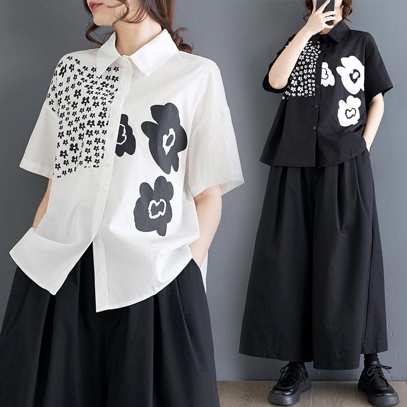 

Spring/Summer Plus Size Patchwork Casual Short Sleeve Shirt One Size чорний