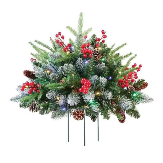 Pre-lit Christmas Tree Urn Filler Battery Operated Artificial Xmas Tree with Cones Berries Holiday Porch Planter Filler with Tripod Stake And LED