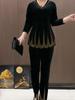 2pcs Pants Suit Spring Women's  Plus-size Velvet Blouse Rhinestone Elastic Waistband High-waist Velvet Pants Two-piece Set