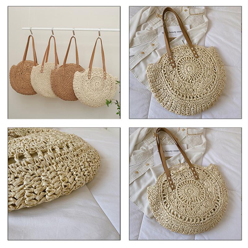 Summer Round Straw Bag For Women Vacation Woven Beach Bag Large Capacity Shoulder Bag Simple Shopping Handbag Tote Sac