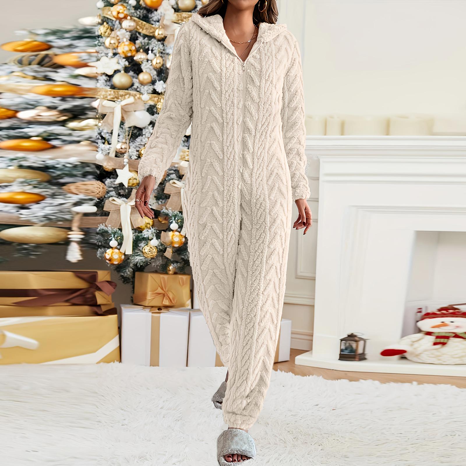 

Женская мода однотонная домашняя одежда плюшевая удобная цельная пижама S бежевый