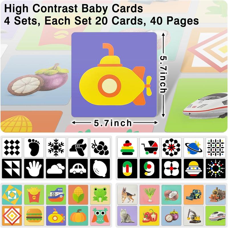 Baby Vision Stimulus Cards, High Contrast Baby Cards, Black White Colorful Baby Flashcards Newborn Toys