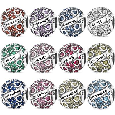 S925 Silber Rot Rosa Blau Grün Gelb Weiß Zirkon 12 Monate Glänzende Runde Perlen Passend für Original Bettelarmband Damen Schmuck