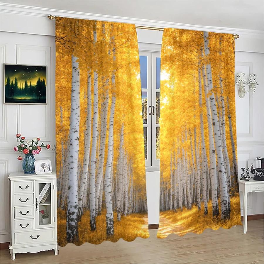 Birch Forest Landscape Printed Curtains Pole Bag Christmas Decorations Home Room Curtain Made Of Polyester