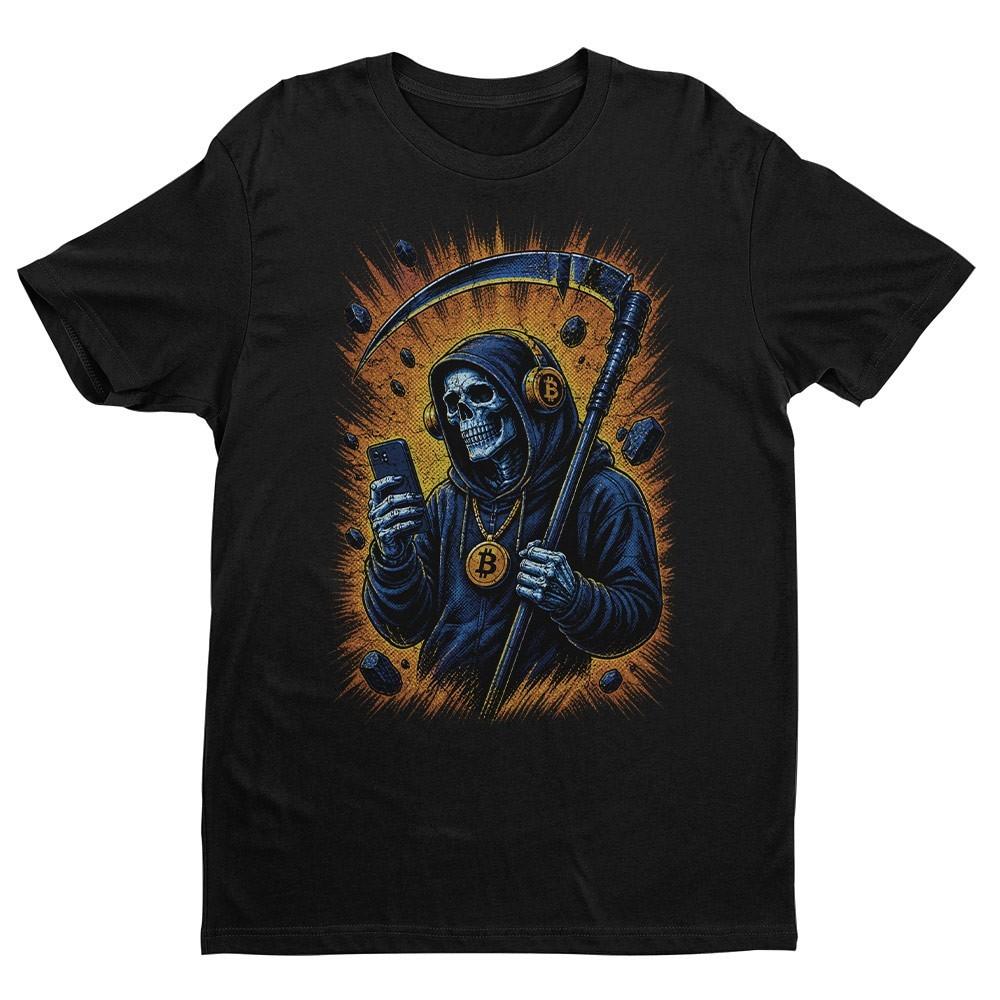 

Retro Crypto Reaper Skull Unisex T-shirt | Bitcoin Grim Reaper Gifts for Men 5XL різнокольоровий