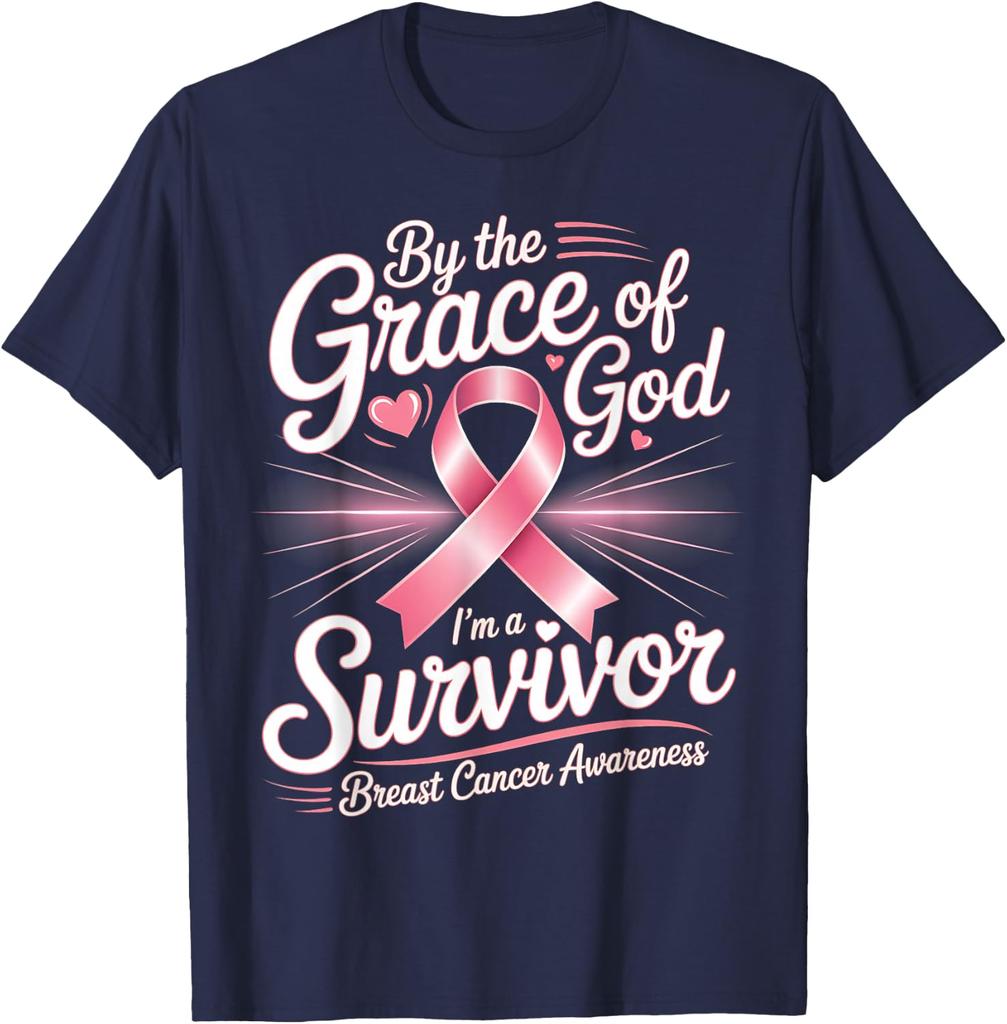 "By The Grace God I'm A Survivor" Breast Cancer Survivor T-Shirt Women Short Sleeve Breast Cancer Awareness T Shirt