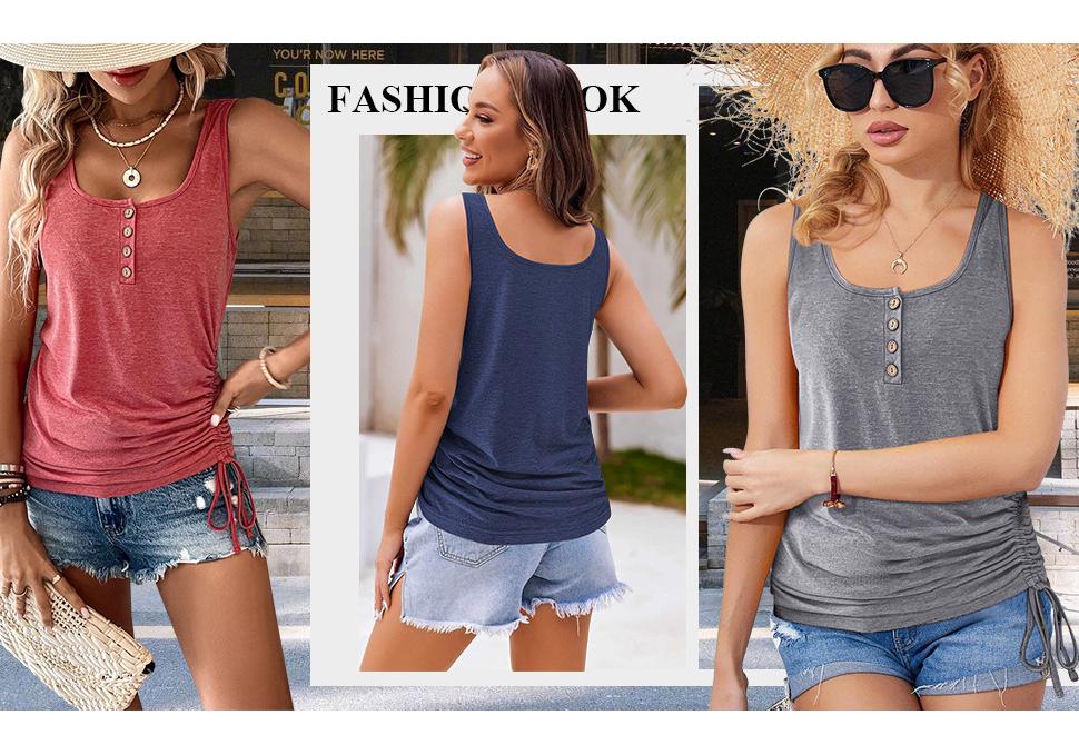 Women's Casual Sleeveless U-Neck Button Drawstring Shirt