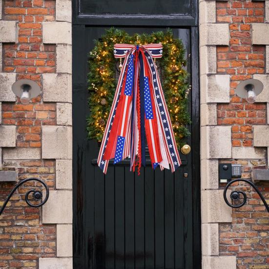 Patriotic Wreath Sash for Front Door Red White Blue Star Wreath Sash Ribbon Accessories for 4th of July Memorial Day Yard Porch Decor