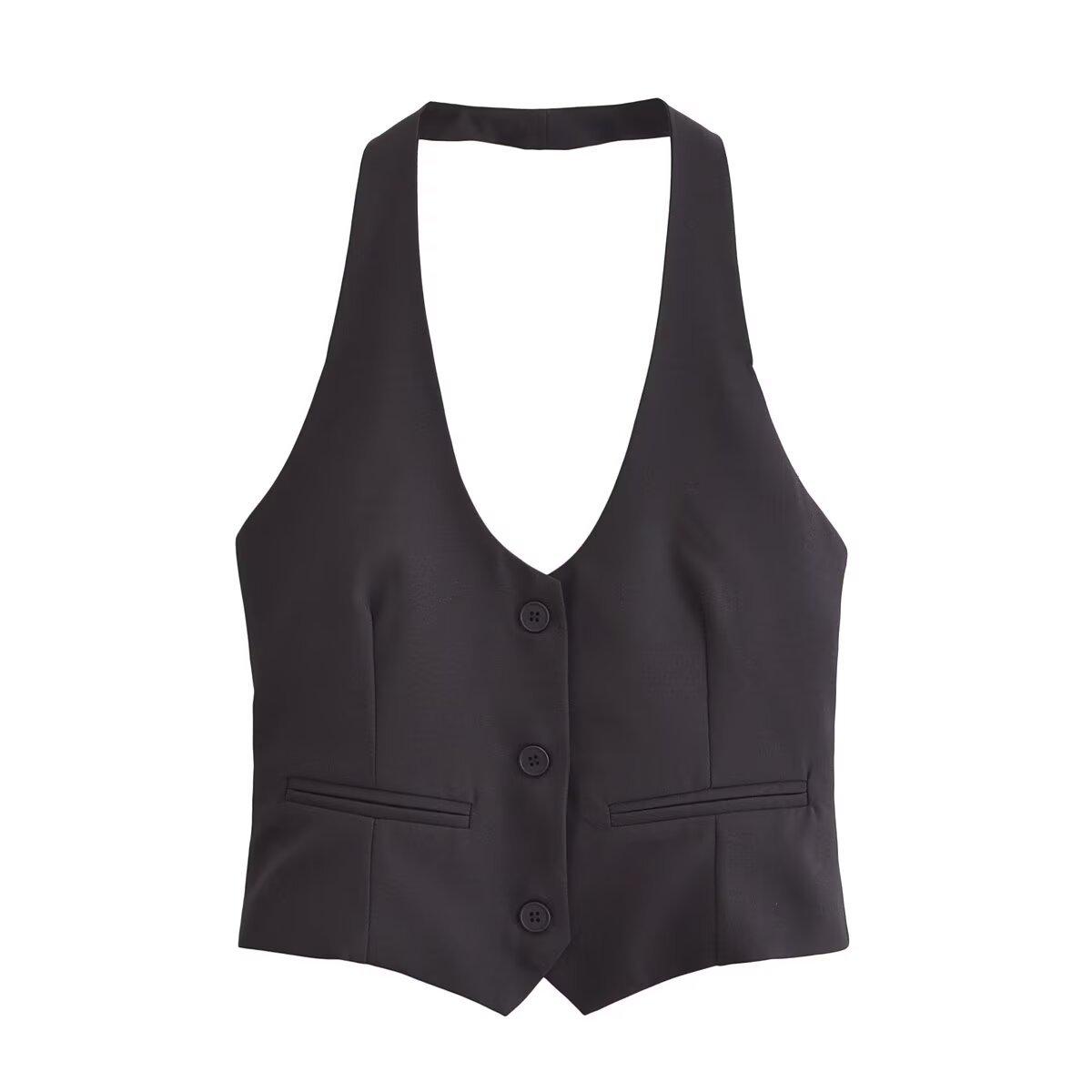 

Женский модный топ-халтер на осень/зиму 2024 с дизайном ряда пуговиц Large чёрный