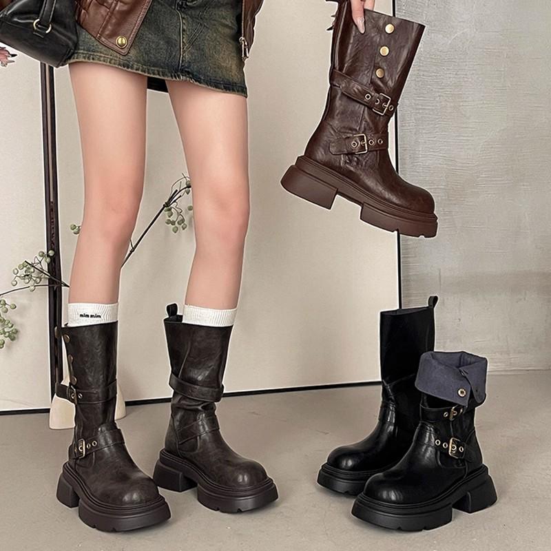 Thick-soled Martin boots for women's autumn and winter 2025 new retro suede medium boots belt buckle two wear western cowboy boots