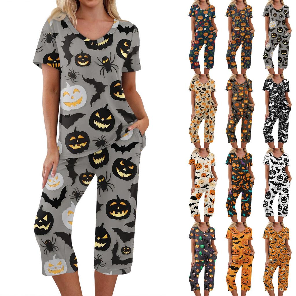 Conjuntos de 2 piezas para mujer Top de manga corta y pantalones con bolsillos Conjuntos suaves de entrenamiento con estampado de Halloween