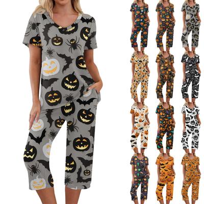 2 Piece Sets For Women Short Sleeve Top And Pants With Pockets Workout Soft Halloween Print Sets
