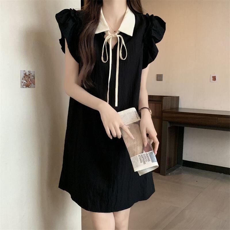 Age reduction small flying sleeves black dress women's summer design sense thin French small fragrant style straight skirt small black dress