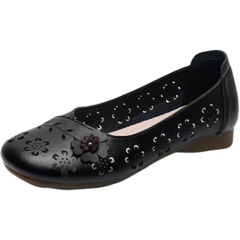 

Женские кожаные ажурные босоножки с открытым носом, летние, новые, на плоской подошве, нескользящие, мелководные, слипоны, обувь-пещера, сандалии для среднего и пожилого возраста 35 чёрный