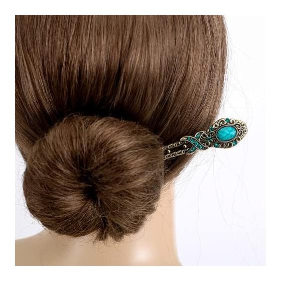 Classic Imitation Bronze Hairpin, Single Hair Stick, Suitable for Casual Wear and Kimonos, Hair Accessory Decorated with Turquoise and Rhinestones