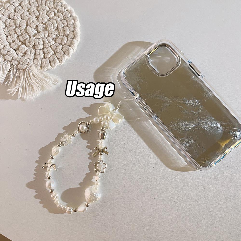 INS Korean Cute White Bow Heart Pearl Beads Beaded Phone Chain For iPhone Camera Hanging Rope Anti-Lost Lanyard Hanging Jewelry 1