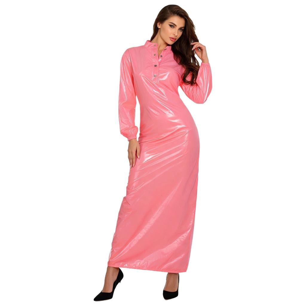 Knopfleiste Stehkragen Langarm Vinyl Überwurf Kleid Wasserdicht Nachtwäsche Badebekleidung Clubwear für Damen Rave Party