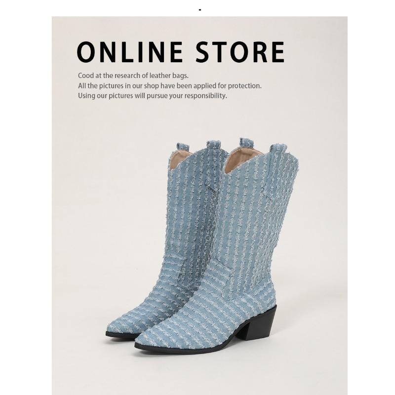 Western Cowboy Cowboy Boots Women's Spring and Autumn New Retro Thick Heels Are Thin, But the Pointed Tip of the Knee Tube Is Not Tired.