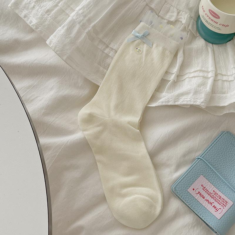 Bílé ponožky, Dámské podzimní látkové štítkové ponožky do půli lýtek, Sladká mašle, Krajková lemovka, Froté ponožky, Bezkostní
