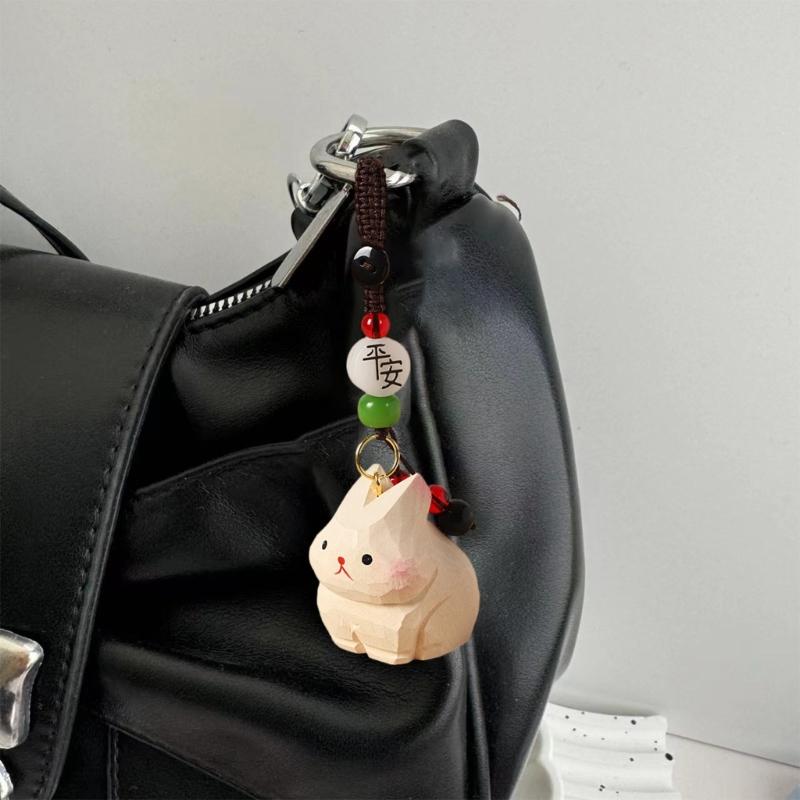 Hand Carved Wooden Rabbit Keychain Lightweight Portable Design Car Keyring Cartoon Animal Bag Hanging Accessory