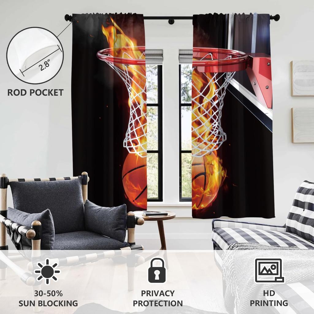 AAtter Basketball Window Curtains Boys Sports Mens Teen Black Kids Red Dark Orange Cool 3D Ball Flame Gamer Long Living Room
