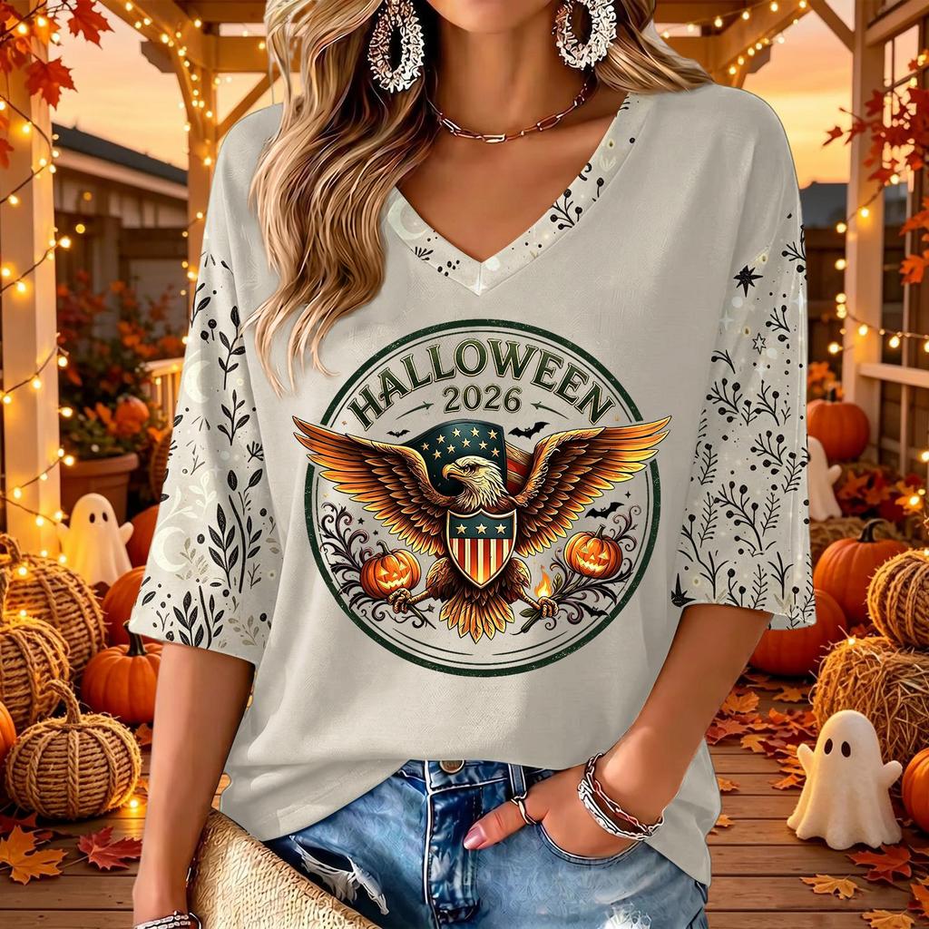 Women's Casual V-Neck 3/4 Sleeve Top with Halloween Print