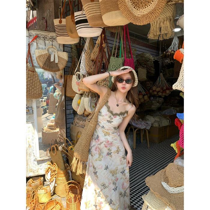 

Lace French butterfly beautiful suspender dress women s summer new seaside vacation wind floral dress long dress skirt S