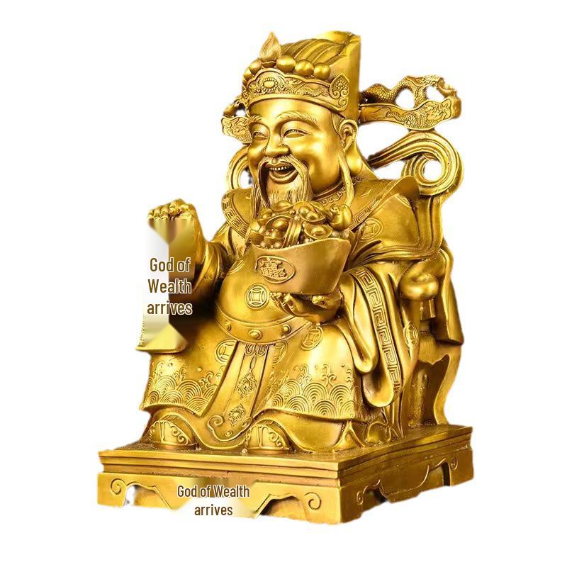 Large Yellow Brass God of Wealth Statue on Dragon Chair, Wen Cai Shen Design, Ideal for Shop Opening or Home Worship.