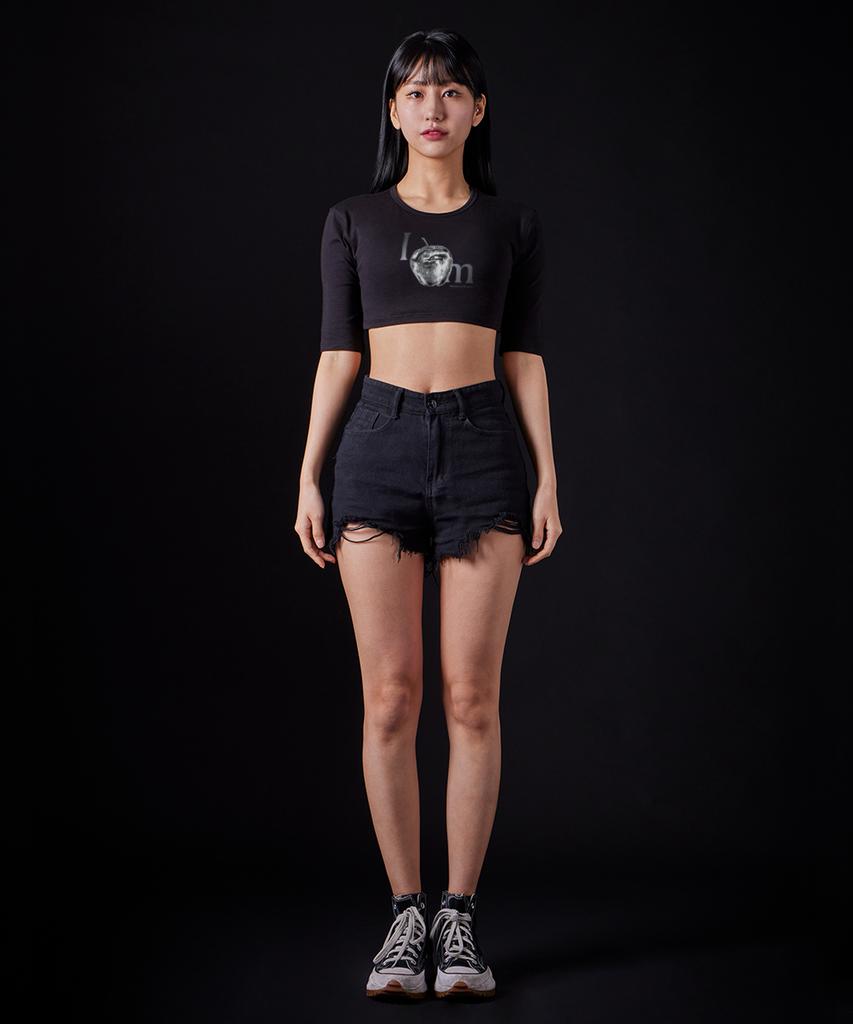 ASTRAL PROJECTION Apple Supima Spandex 5-Quarter Sleeve Short Crop Top_Black