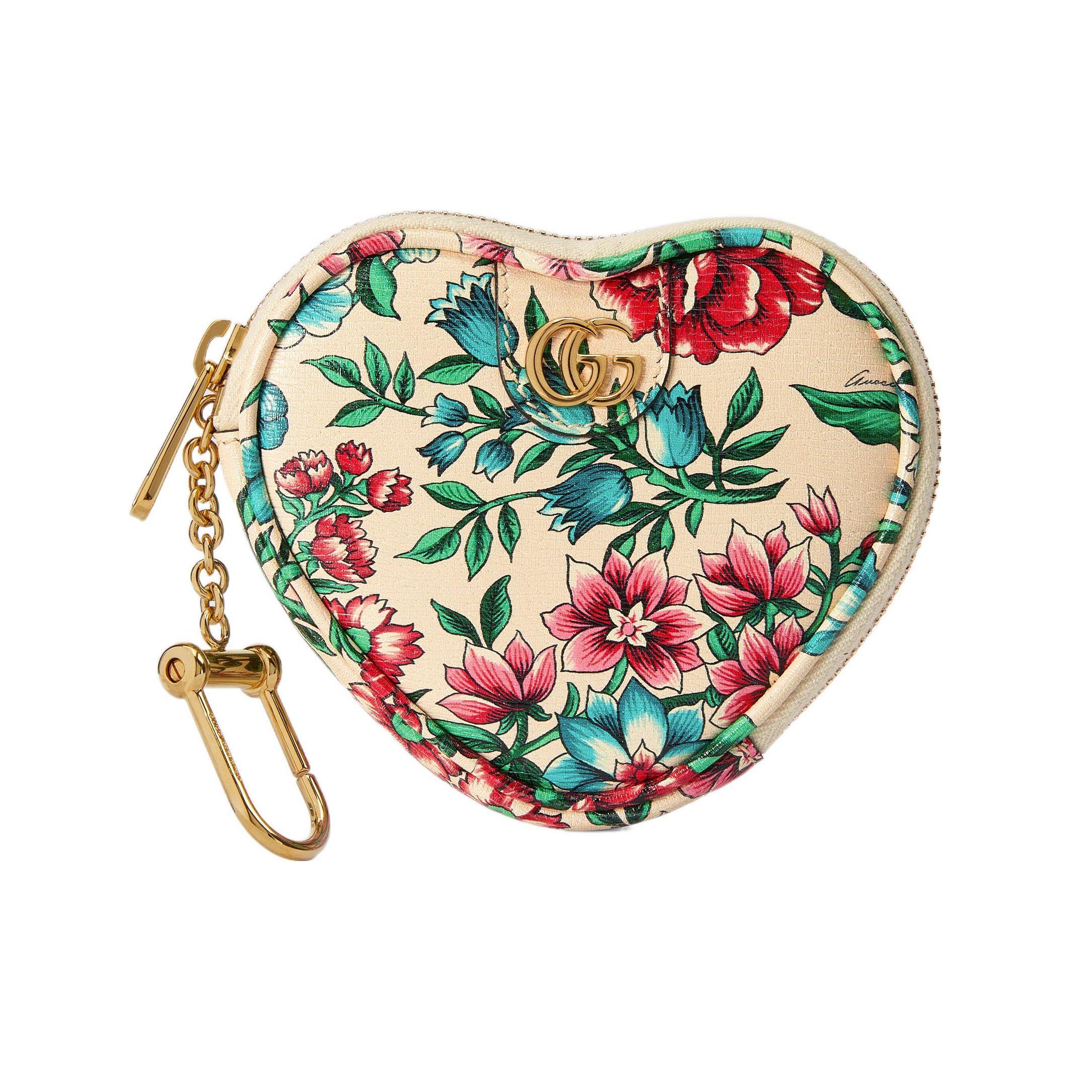 

Gucci Floral Print Heart Shape Coin Purse, Beige Leather Gold Double G Logo Detachable Keychain, Unisex Daily Travel Zipper Pouch 732232-AAB7U-8464 Basic Set (Bag+Dust Bag)