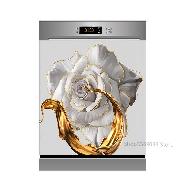 Lotus White Rose Kitchen Dishwasher Door Sticker Home Furniture Renovation Waterproof Vinyl Wallpaper Buddha Flower Room Decor