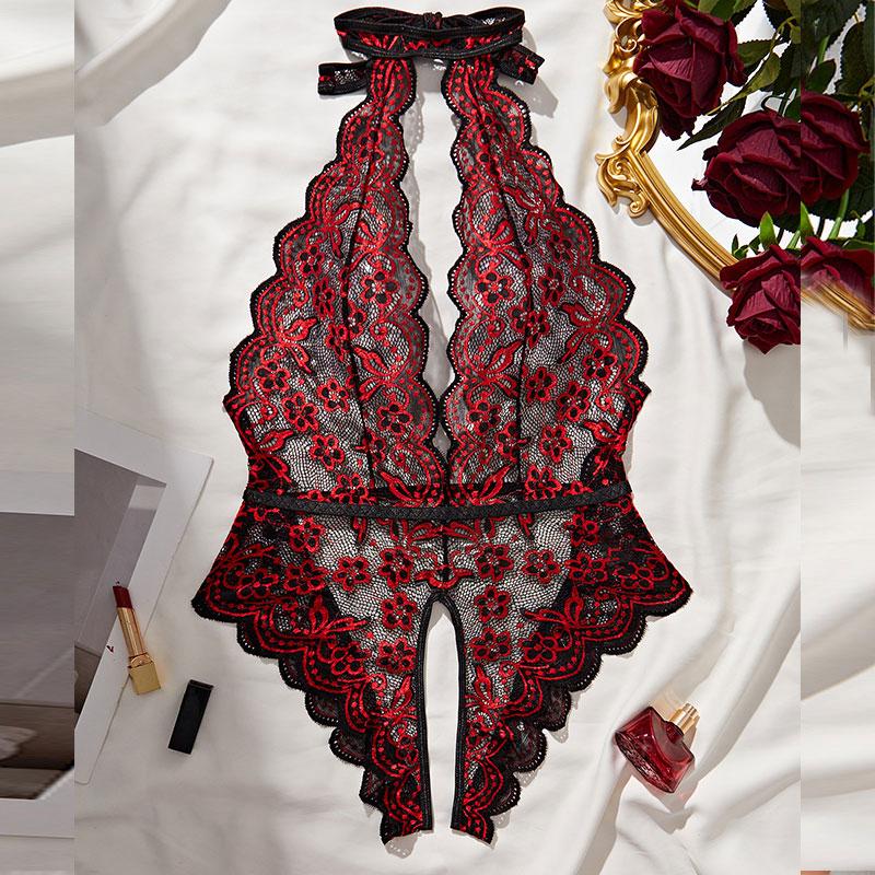 One-piece Porn Lingerie Transparent Hollow Crotchless Bodysuit  Erotic Costume Women's Lace Deep V Bra Open Sexy Underwear Set