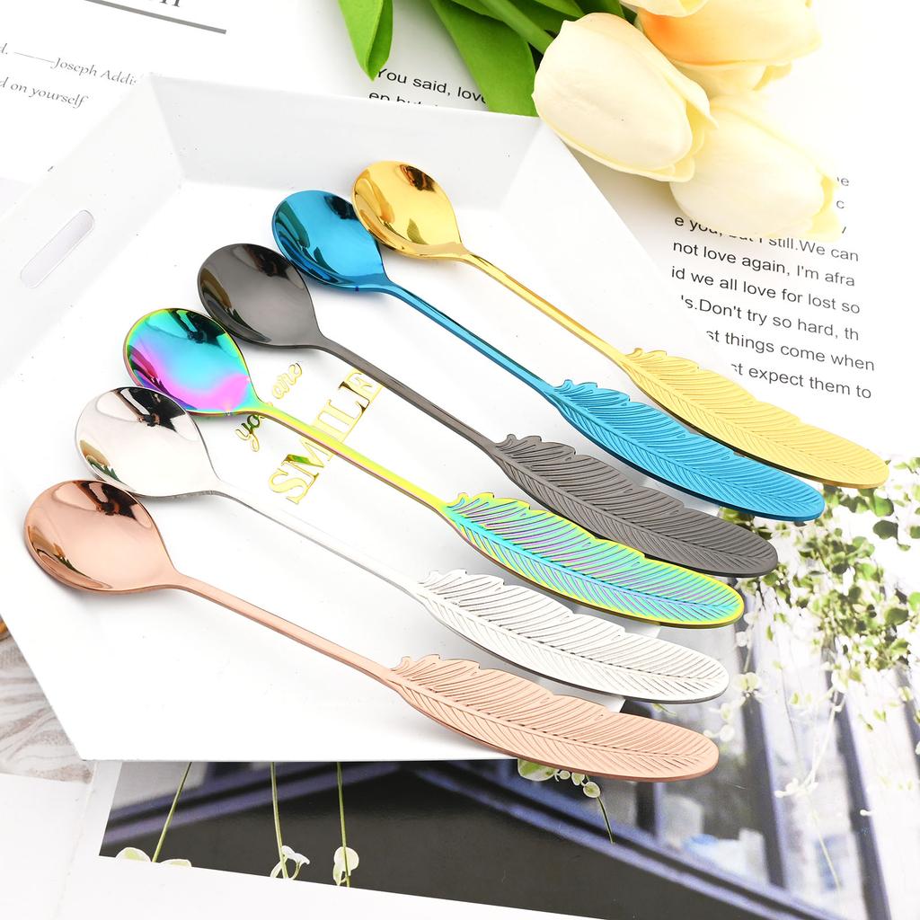 Creative Spoon Christmas Gift Colorful 304 Stainless Steel Feather Pattern Spoon Tea Coffee Spoon Kitchen Accessories Tableware