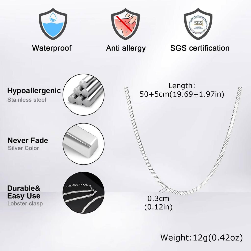 Vnox Width 3mm Flat Snake Silver Color Necklace for Men, Stainless Steel Vintage Blade Chain Collar, Hiphop Casual Jewelry Gifts