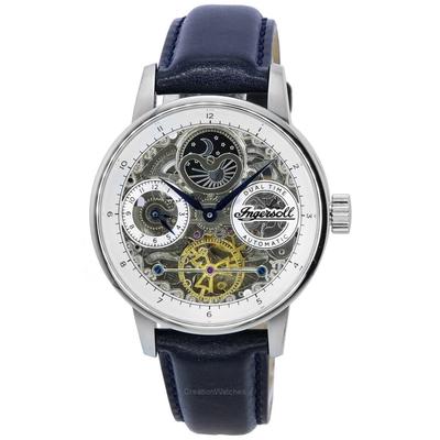 The Jazz Sun and Moon Phase Correa de cuero Esqueleto Esfera plateada Reloj automático para hombre I07702