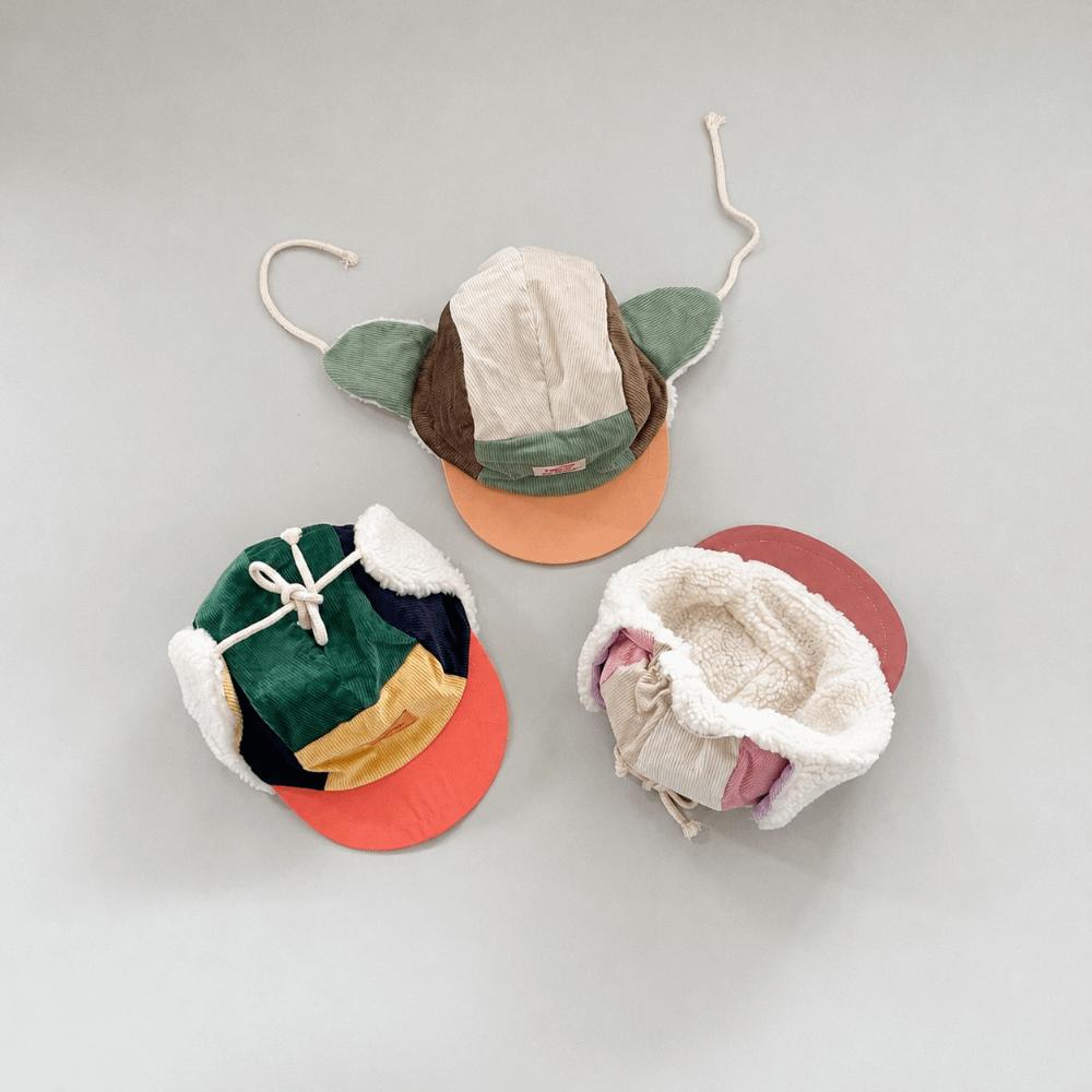 With Sherpa Earflaps Infant Trapper Hat Patchwork Corduroy Ski Hat Vintage Winter Cap  Toddlers