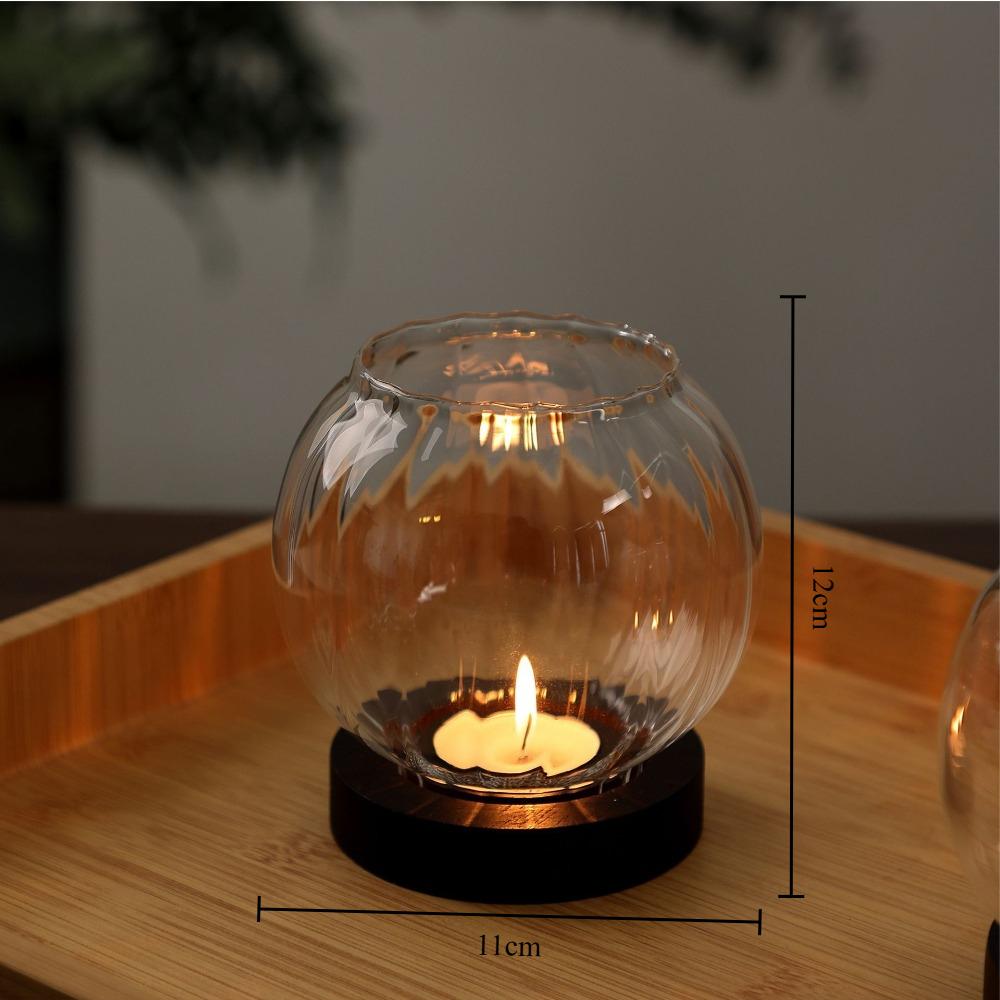Romantic Transparent Candle Holder with Wooden Base Retro Oil Lamp Shape Round Candlesticks Tealight Dinner Table Decoration