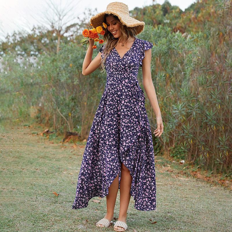 Women's Bohemian Floral Print V-Neck Tie Waist Maxi Dress Rayon Beach Vacation Flowy A-Line