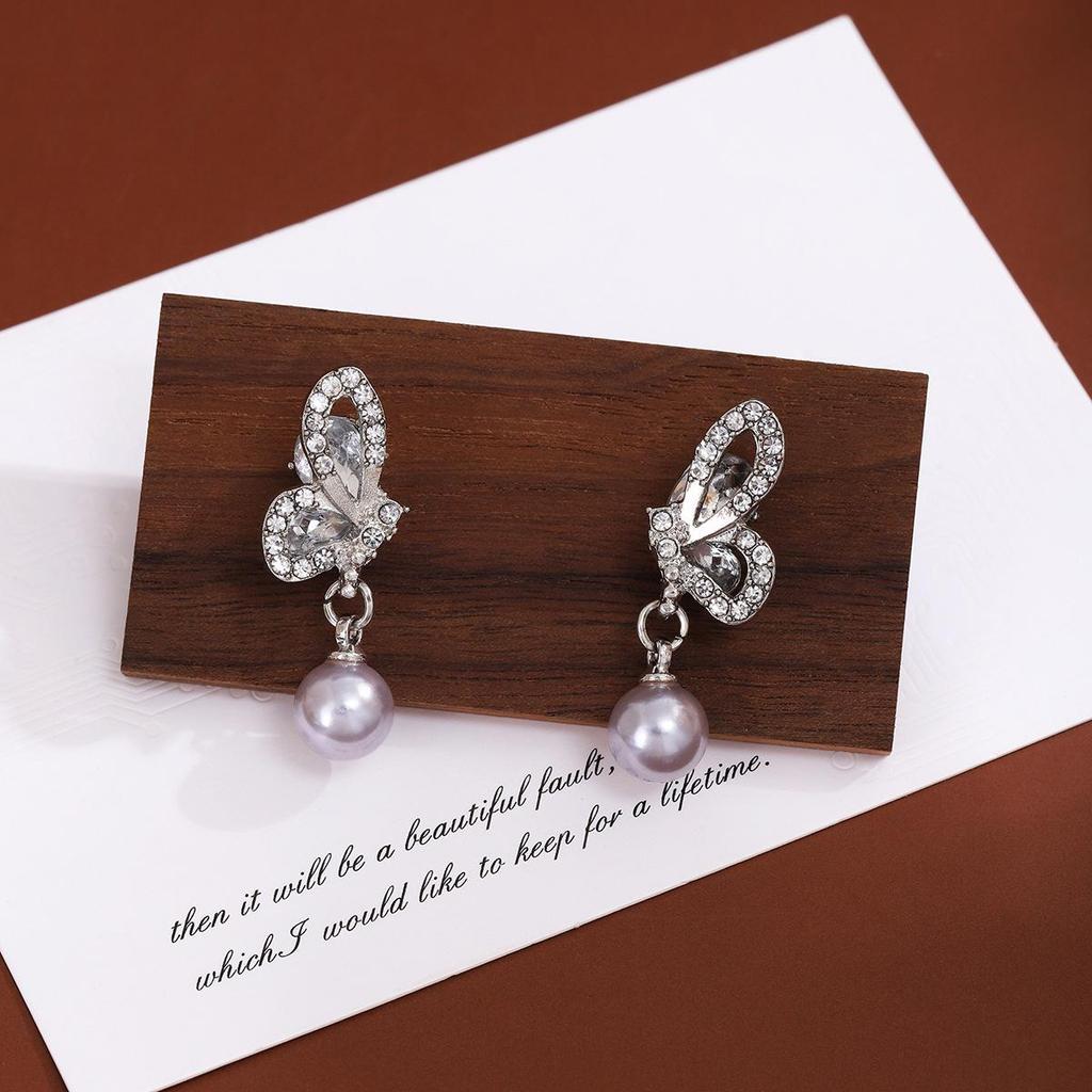 Silver Needle Light Luxury Pearl & Rhinestone Butterfly Earrings for Women