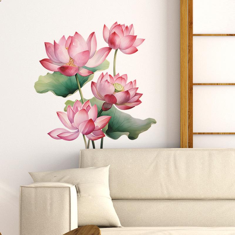 Chinese Style Lotus Leaf Flower Wall Sticker for Bedroom Living Room Entrance Home Decoration Self-Adhesive