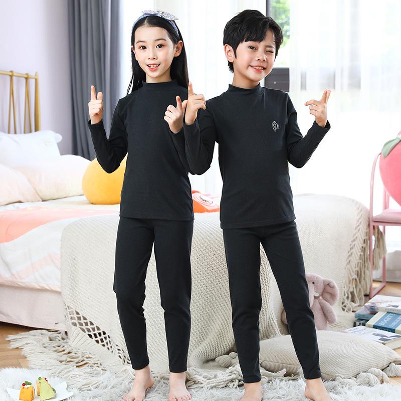Children's Brushed Collar Underwear Set - Boys and Girls Warm Solid Color Autumn/Winter Pajamas