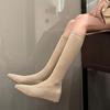 Mode Spetsig Tå Inre Höjd Elastiska Knähöga Stövlar Kvinnor Höstskor Mode Enfärgad Mocka Slip on Platt Sula Lång Socka Botas