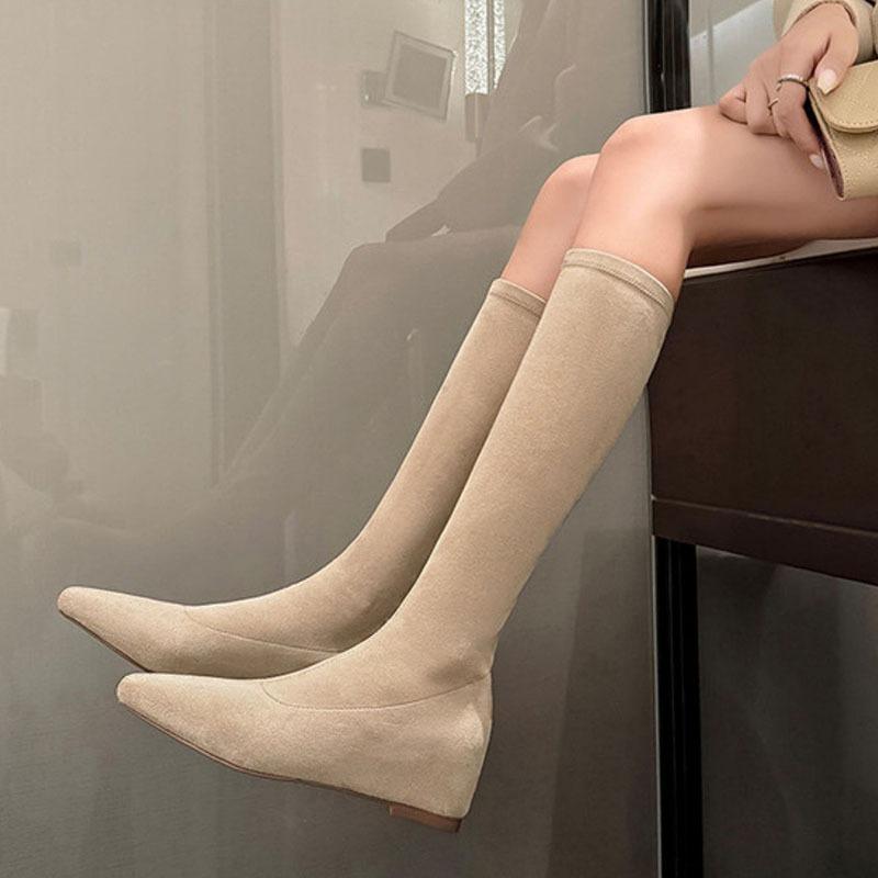 Mode Spetsig Tå Inre Höjd Elastiska Knähöga Stövlar Kvinnor Höstskor Mode Enfärgad Mocka Slip on Platt Sula Lång Socka Botas