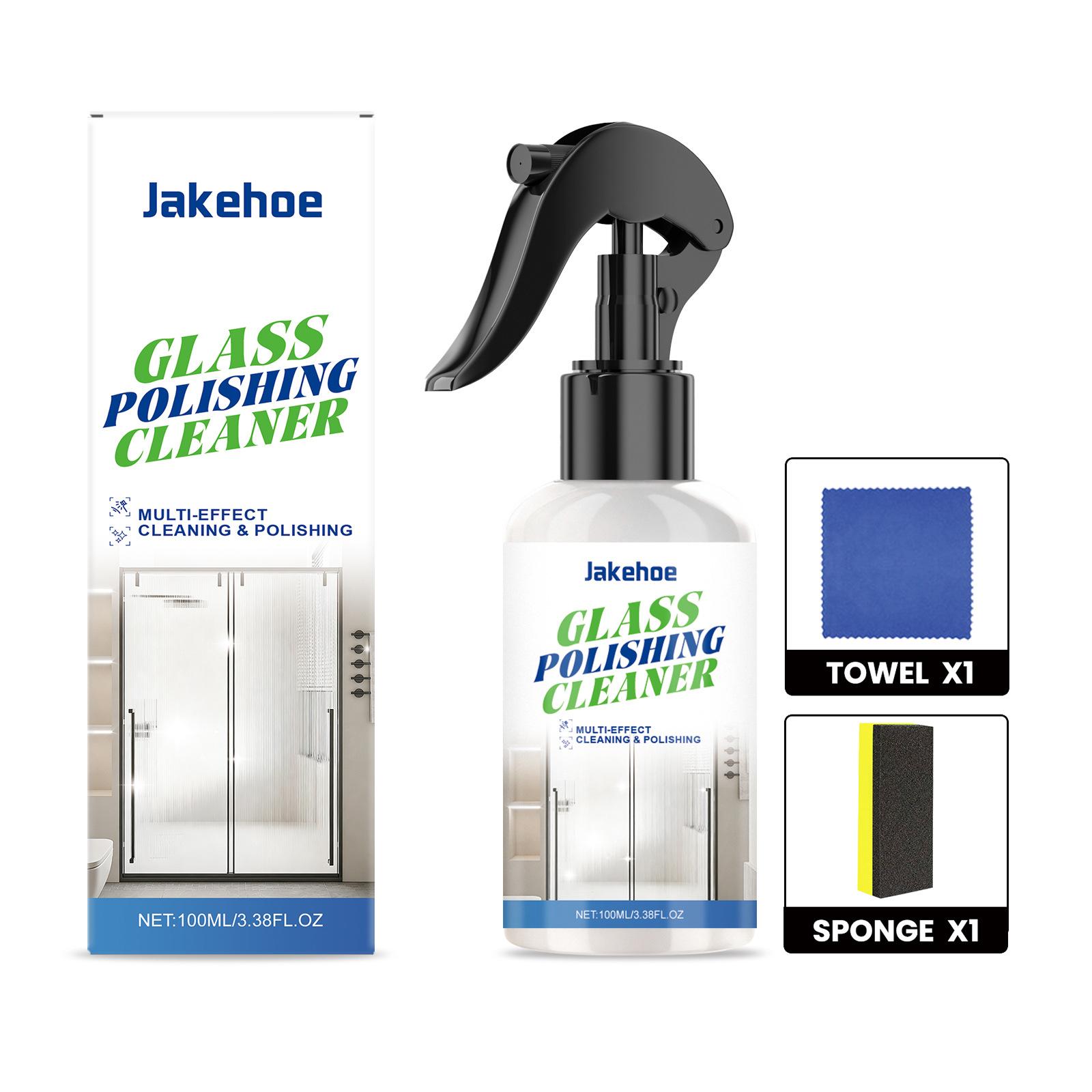 

Jakehoe Bathroom Glass Cleaner Powerful Degreasing Mild Formula Cleaner for Scale on Glass Polishing Liquid with Towel Sponge 100ml