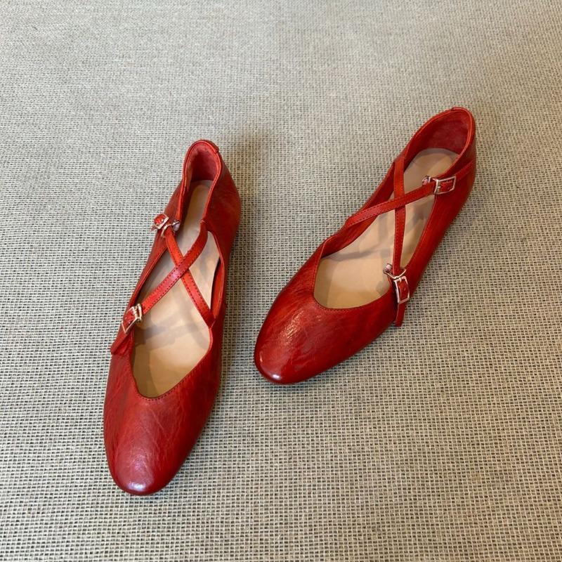 Leather version~ retro cross-buckle ballet shoes low-heeled temperament Mary Jane shoes shallow mouth round head single shoes women
